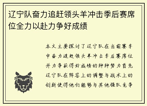 辽宁队奋力追赶领头羊冲击季后赛席位全力以赴力争好成绩